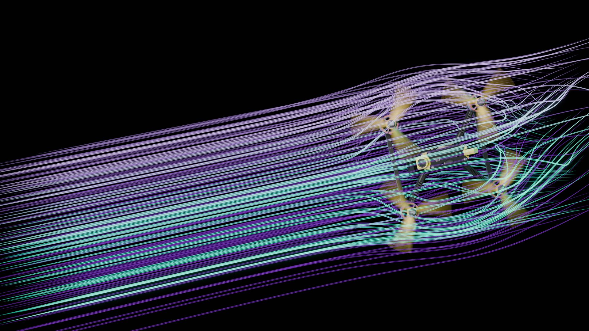 A fluid-dynamics render of a racing quadcopter, with violet and mint airflow streamlines flowing over its frame and spinning propellers against a black field.